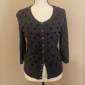 Charcoal gray 3/4 sleeve cardigan  black velvet polka dots,pave silver buttons